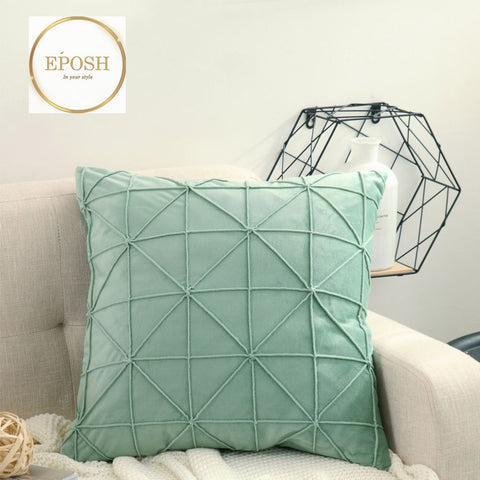 Pack of 2 Velvet Decorative Cross Pleated Square Cushion-Duckegg