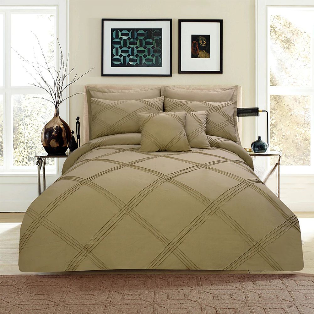 Exotic Embellish 3 Row Cross Pleated Duvet Set - Dark Khaki