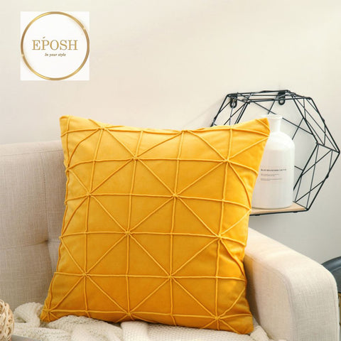 Pack of 2 Velvet Decorative Cross Pleated Square Cushion-Yellow
