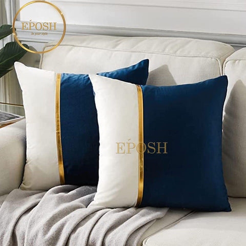 Pack of 2 Velvet Decorative Square Cushion -Navy and White