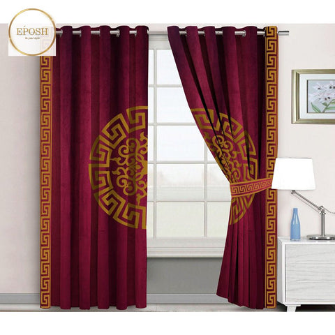 2 Pieces Premium splendid velvet curtain Panels & 2 Belts (Maroon/Gold)