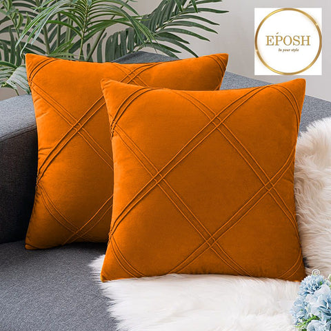 Pack of 2 Velvet Decorative Double Cross Pleated Cushion- Orange