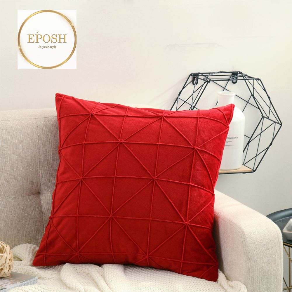 Pack of 2 Velvet Decorative Cross Pleated Square Cushion-Red