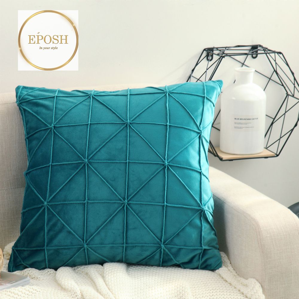 Pack of 2 Velvet Decorative Cross Pleated Square Cushion-Teal