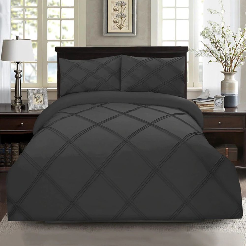 Exotic Embellish 3 Row Cross Pleated Duvet Set - Charcoal Grey