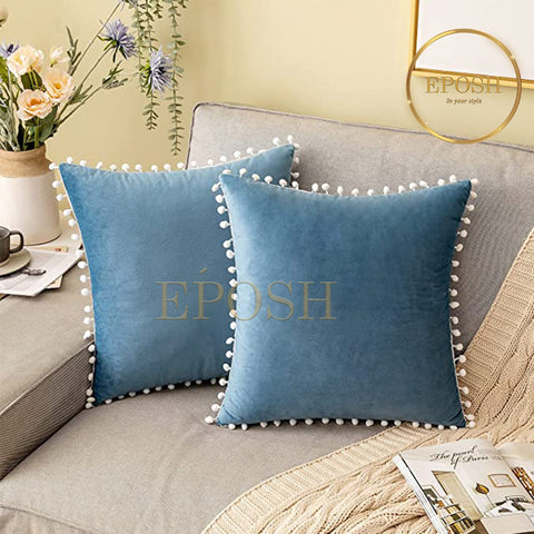 Pack of 2 Velvet Decorative Square Cushion -Slate Blue