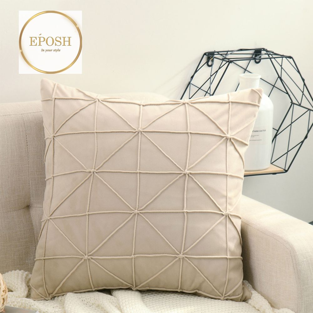 Pack of 2 Velvet Decorative Cross Pleated Square Cushion-Beige