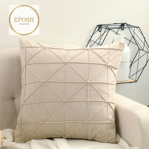 Pack of 2 Velvet Decorative Cross Pleated Square Cushion-Beige