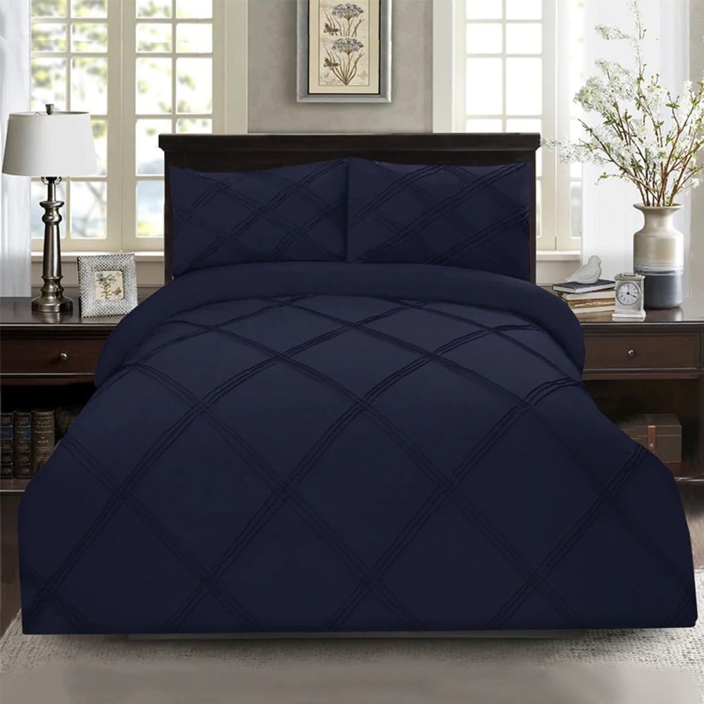 Exotic Embellish 3 Row Cross Pleated Duvet Set - Navy