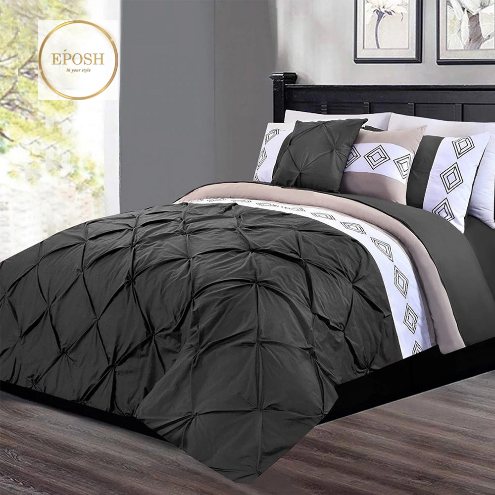 Embroidered Pintuck Duvet 8 Pieces - Charcoal Grey