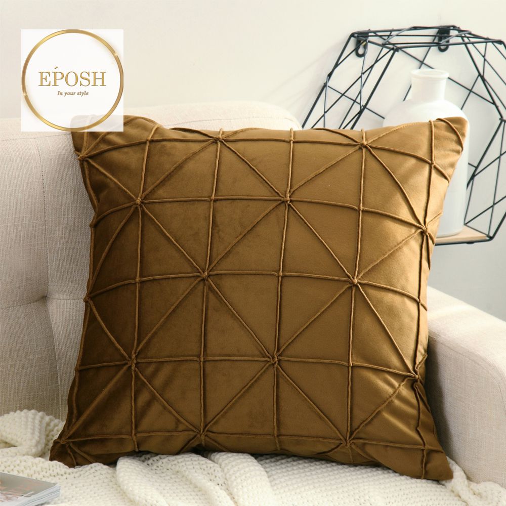 Pack of 2 Velvet Decorative Cross Pleated Square Cushion-Coffee