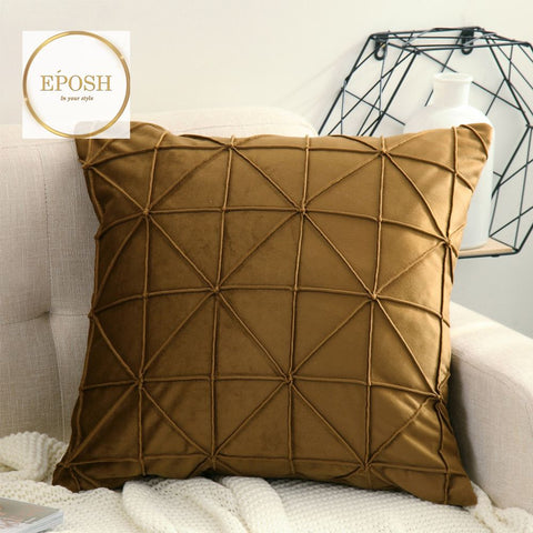 Pack of 2 Velvet Decorative Cross Pleated Square Cushion-Coffee
