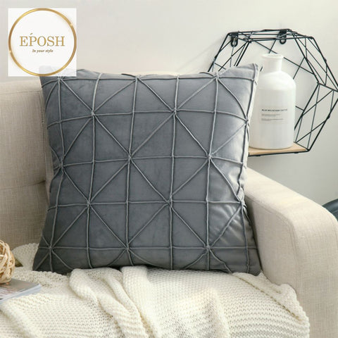 Pack of 2 Velvet Decorative Cross Pleated Square Cushion-Grey