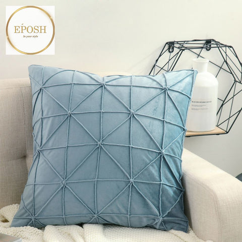 Pack of 2 Velvet Decorative Cross Pleated Square Cushion-Sky Blue