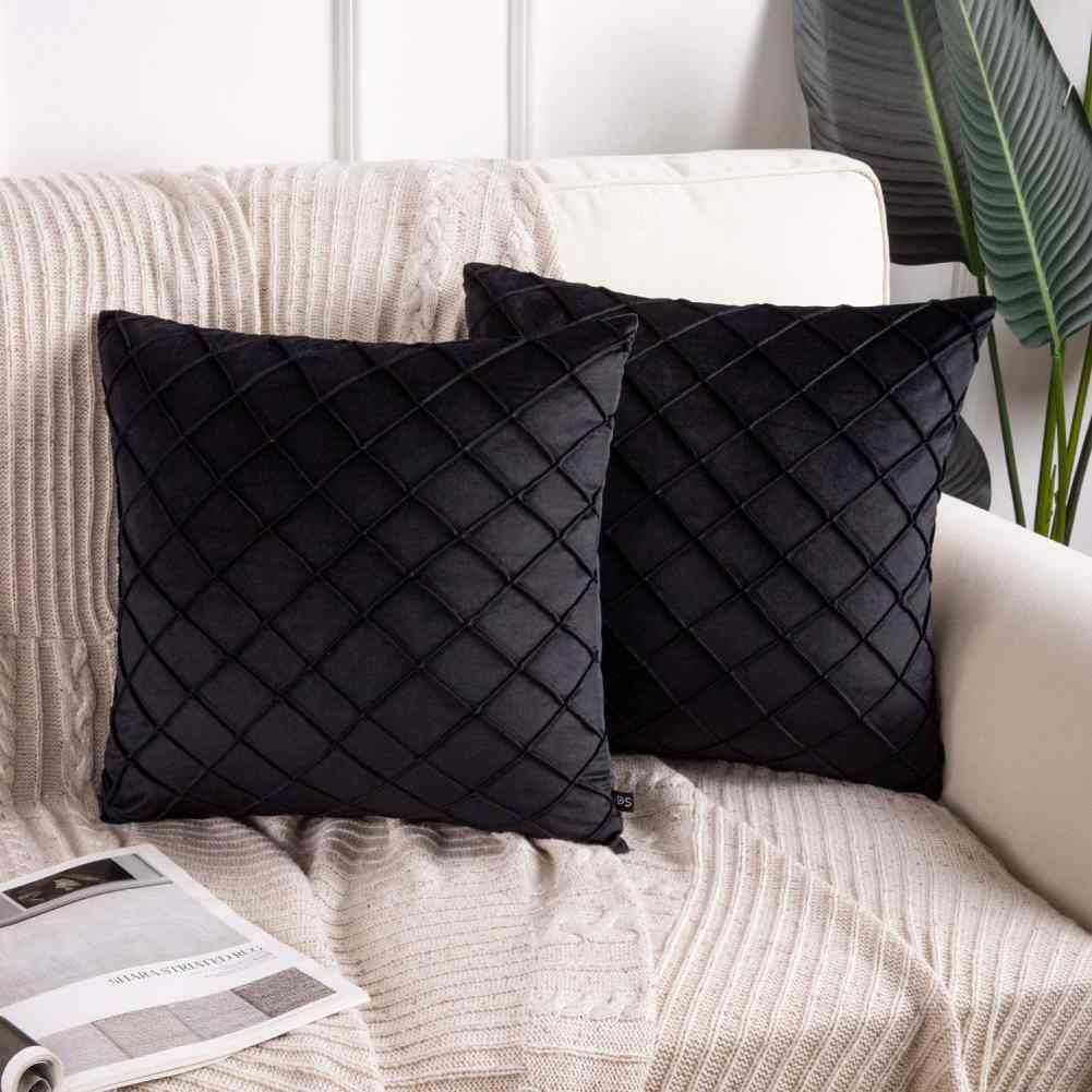 Pack of 2 Velvet Decorative Pleated Square Cushion -  Black