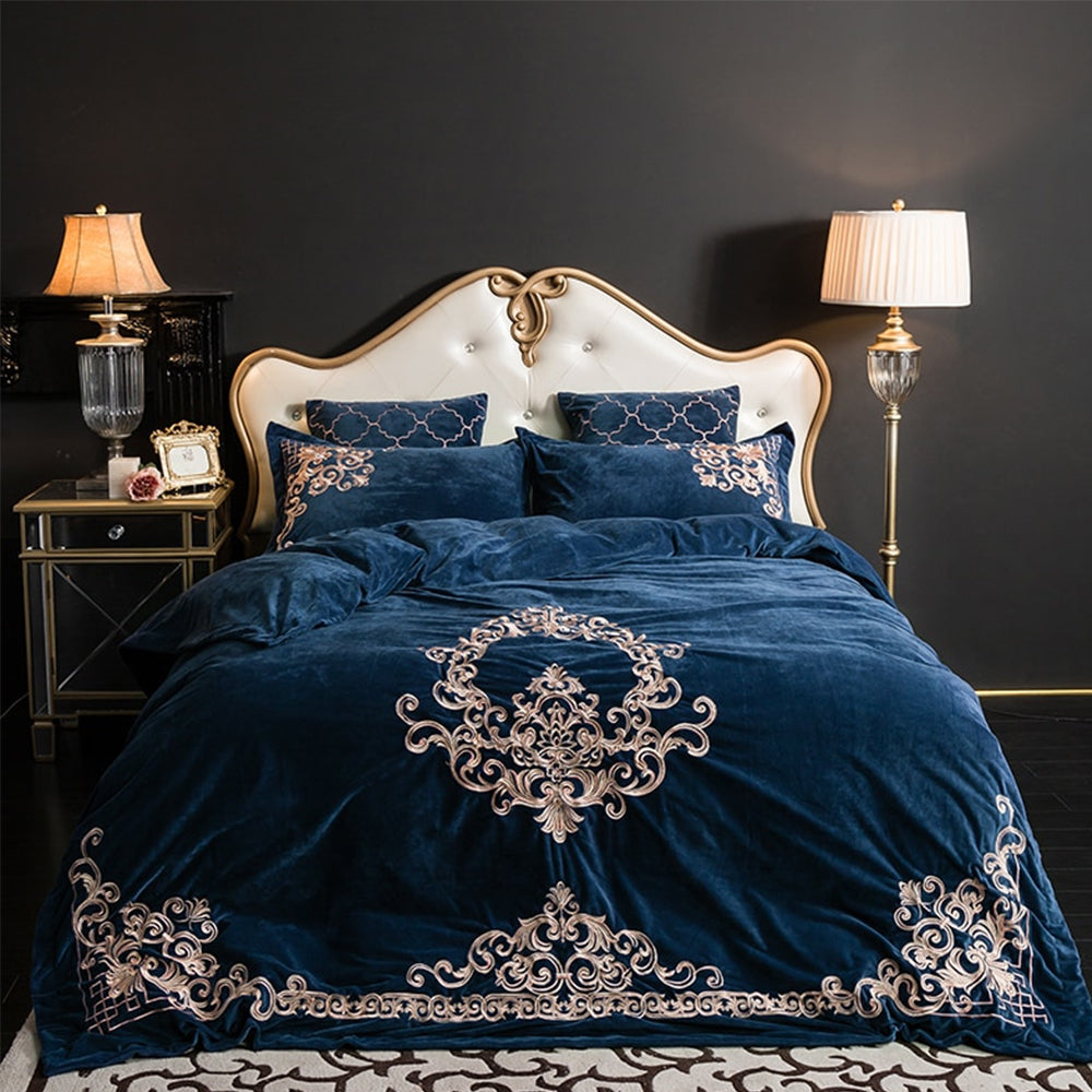 New Luxury Embroidered Velvet Duvet Set -Royal Blue