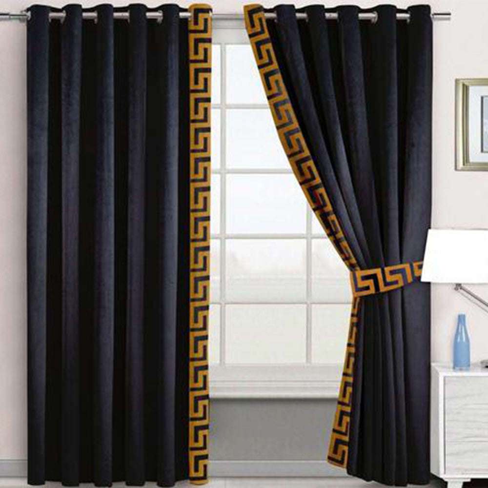 2 Pieces Premium splendid velvet curtain Panels & 2 Belts-Black 02