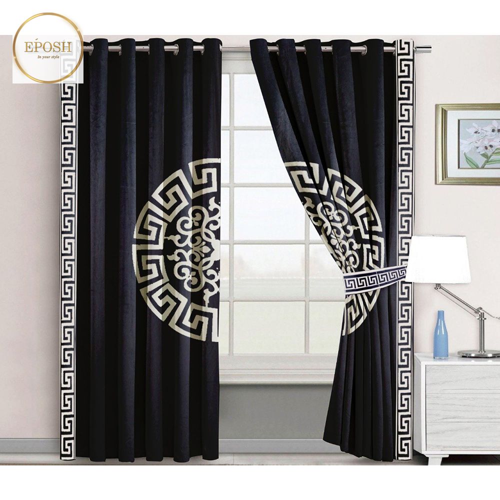 2 Pieces Premium splendid velvet curtain Panels & 2 Belts (Black/White)
