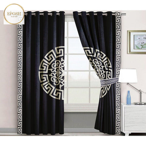 2 Pieces Premium splendid velvet curtain Panels & 2 Belts (Black/White)