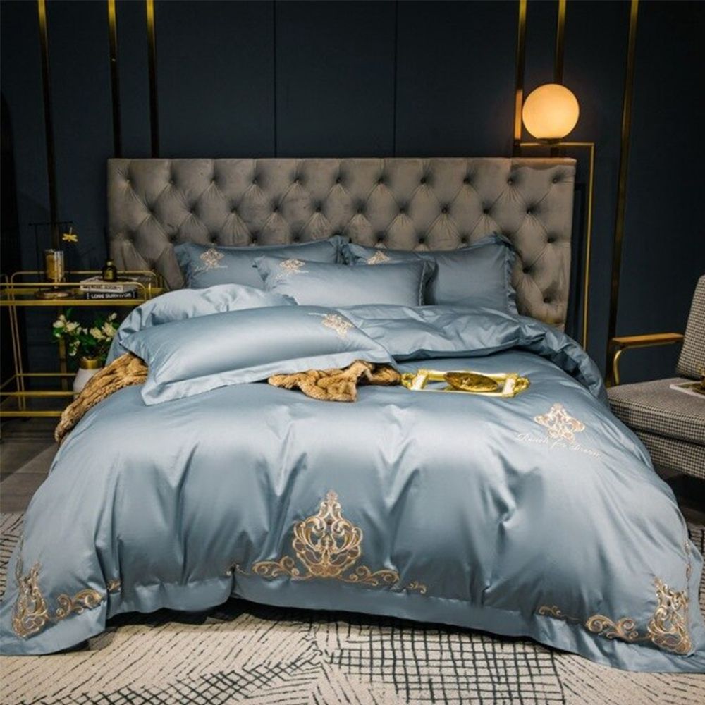 New Luxury Embroidered Ocean Blue Duvet Set
