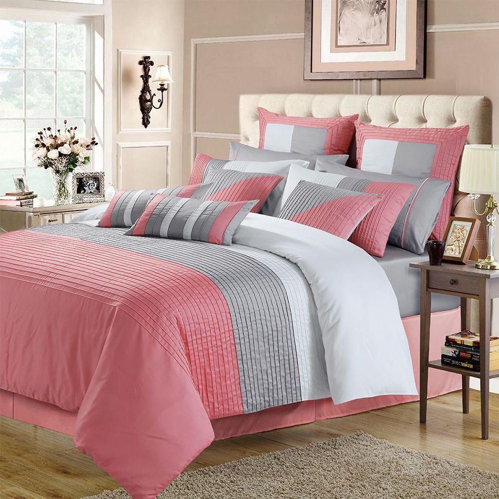 Embellish Horizontal Pleats Duvet Set - Pink and Grey