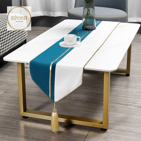 Velvet Table Runner  Light Blue/White