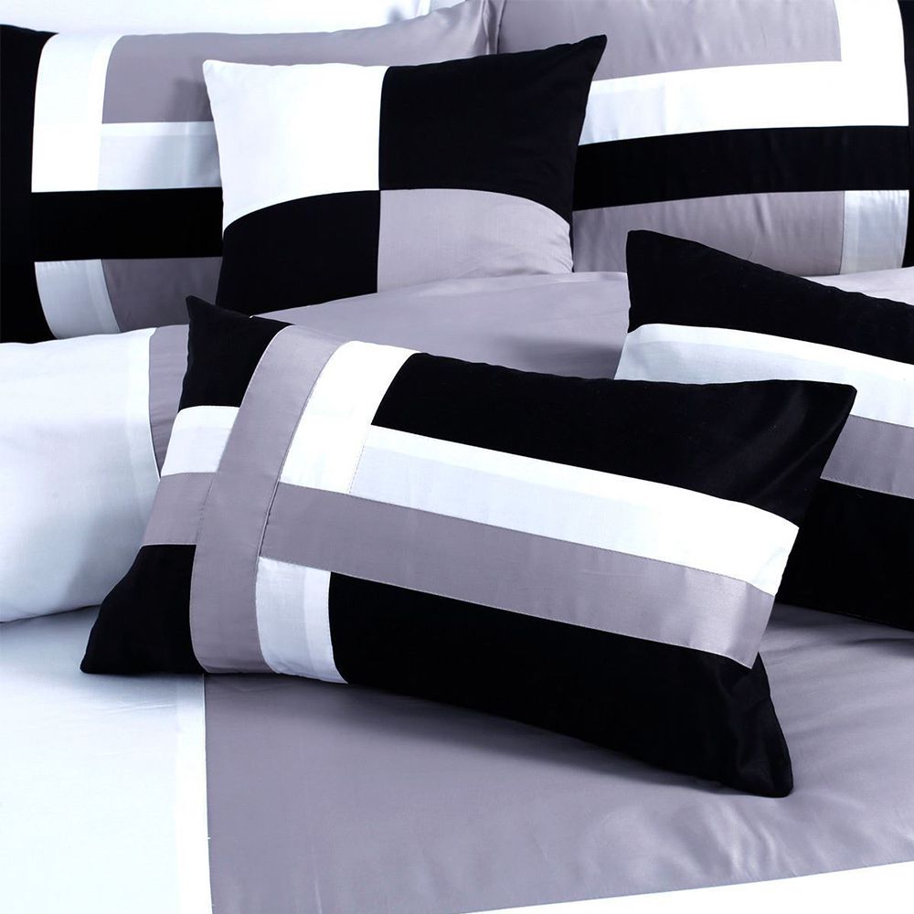 Embellish Patch Stripe Duvet Set - Black and Grey