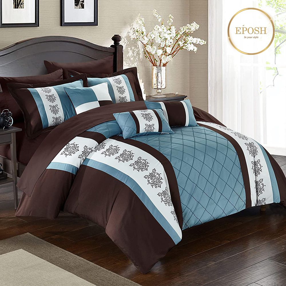 Brown and Blue Embroidered Pleated Duvet Set