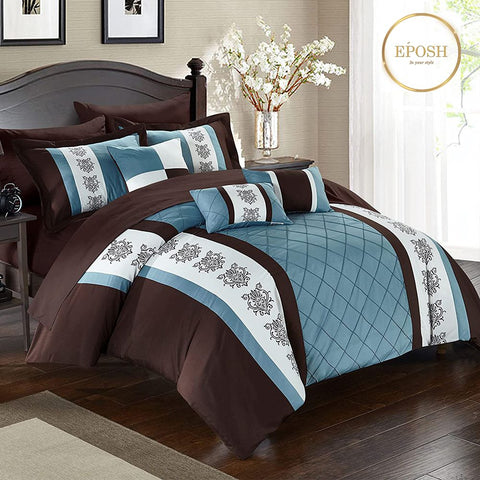 Brown and Blue Embroidered Pleated Duvet Set