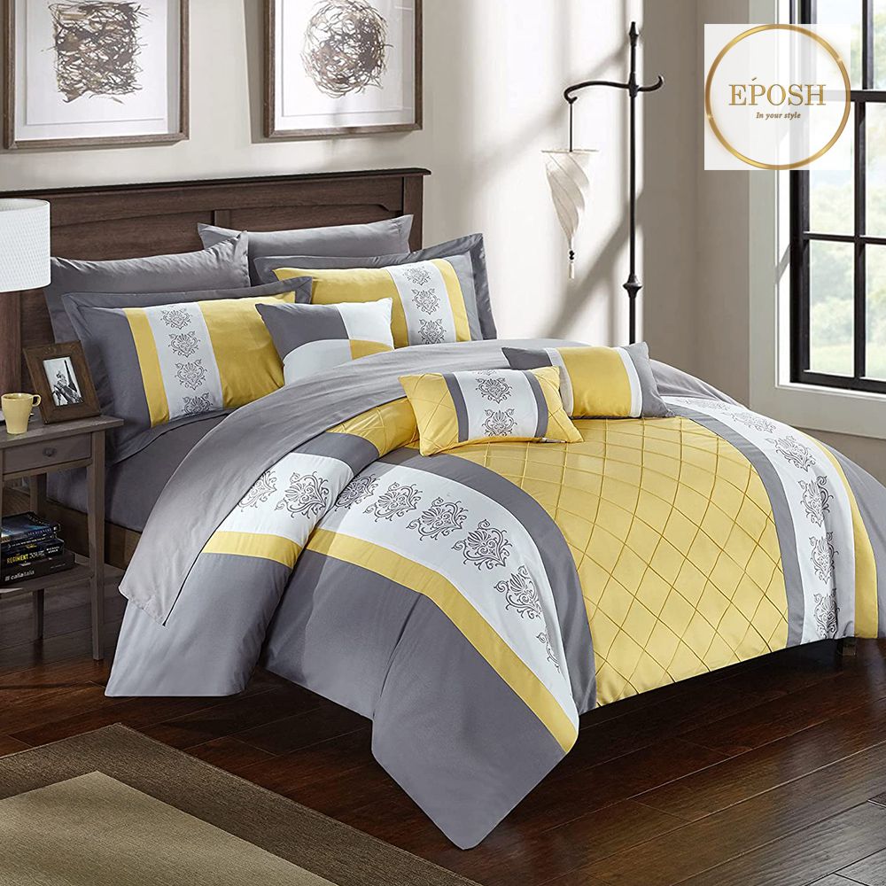 Yellow and Grey Embroidered Pleated Duvet Set