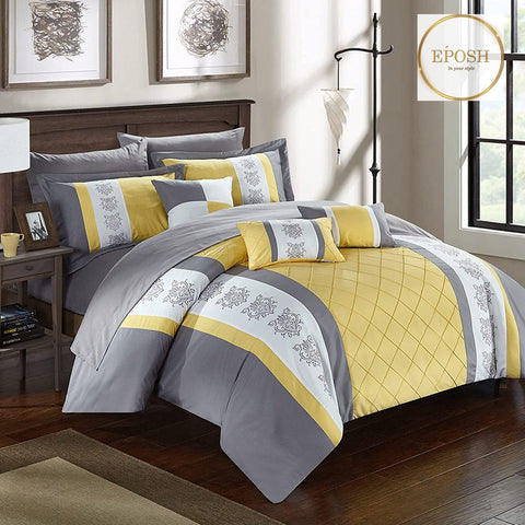 Yellow and Grey Embroidered Pleated Duvet Set