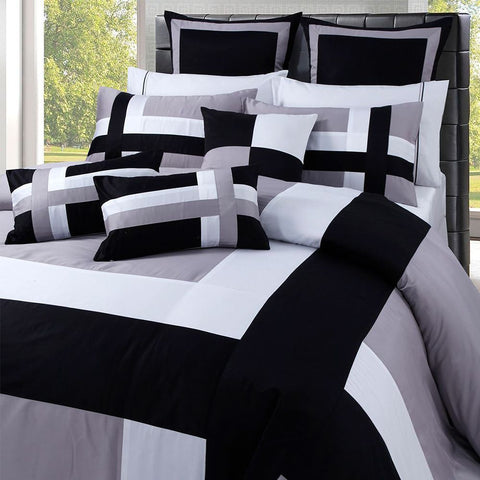 Embellish Patch Stripe Duvet Set - Black and Grey