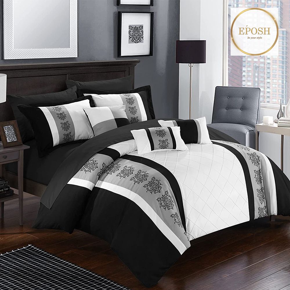 Black and White Embroidered Pleated Duvet Set