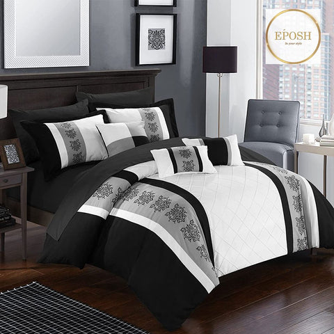 Black and White Embroidered Pleated Duvet Set