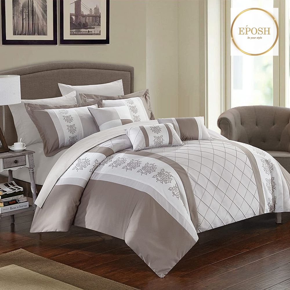 Beige and White Embroidered Pleated Duvet Set