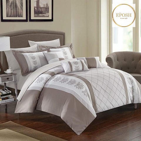 Beige and White Embroidered Pleated Duvet Set
