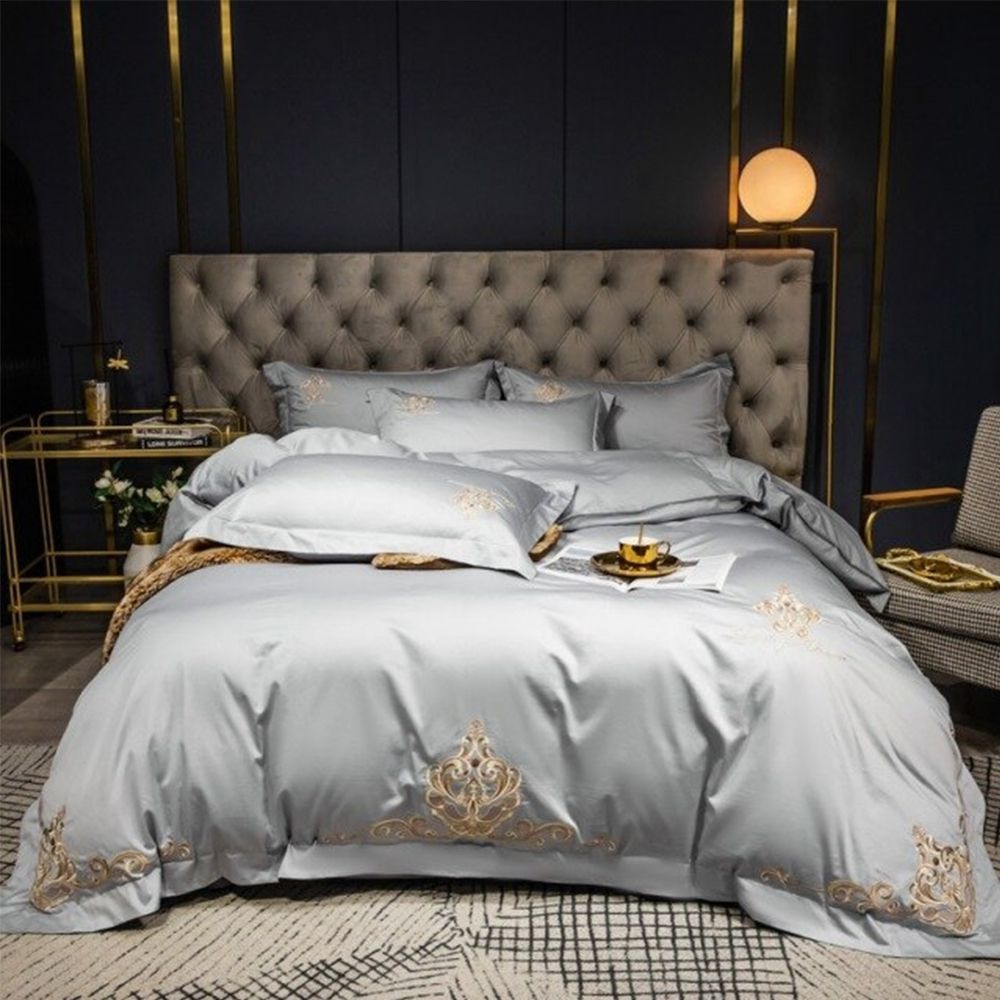 New Luxury Embroidered Silver Grey Duvet Set
