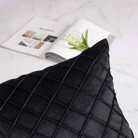 Pack of 2 Velvet Decorative Pleated Square Cushion -  Black