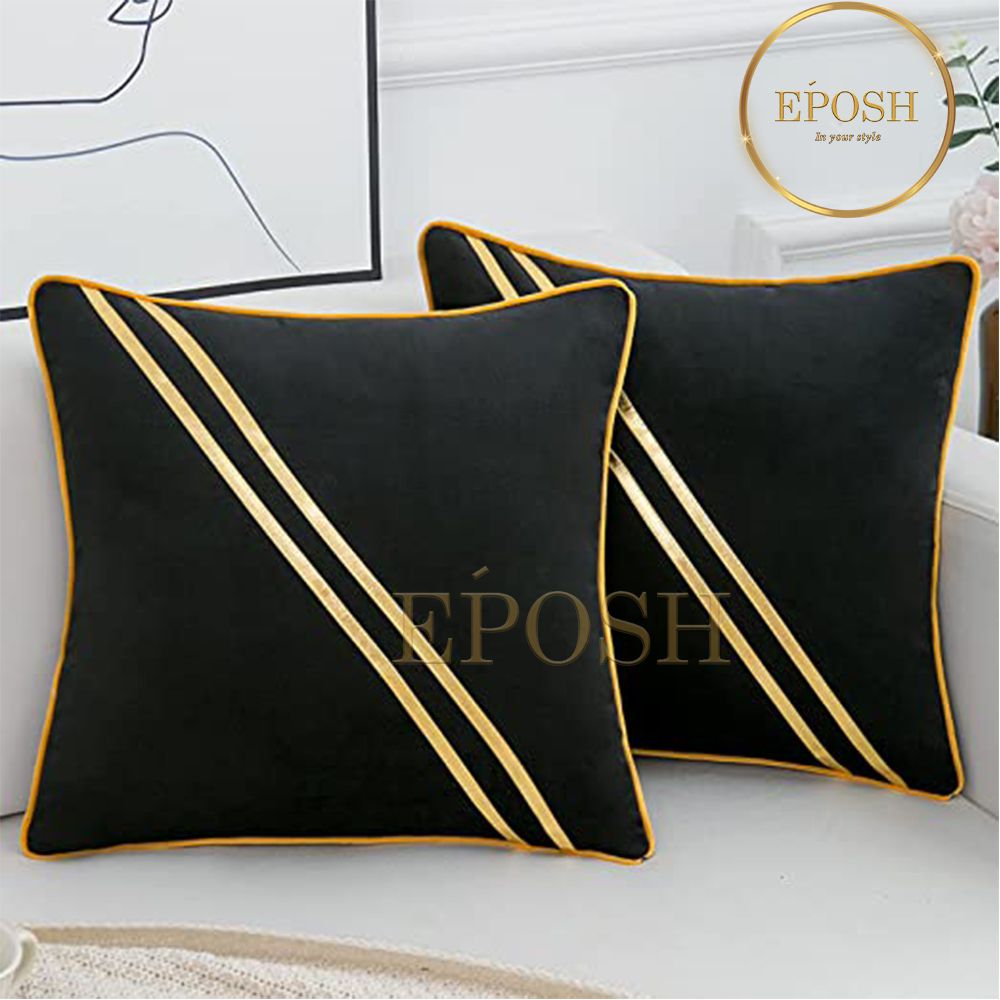 Pack of 2 Velvet Decorative  Diagonal Line Square Cushion - Black