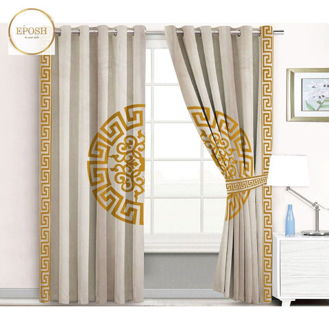 2 Pieces Premium splendid velvet curtain Panels & 2 Belts (Beige/Golden)