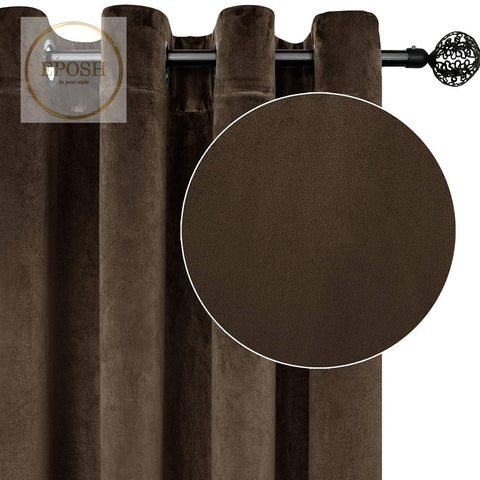 2 Pieces Plain Dyed Velvet Eyelet Curtains-Brown