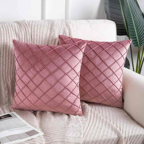 Pack of 2 Velvet Decorative Pleated Square Cushion -  Pink