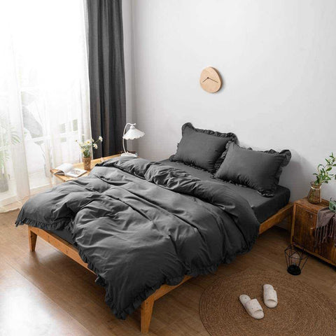 Charcoal grey With Ruffles Duvet Set - 4 Pieces