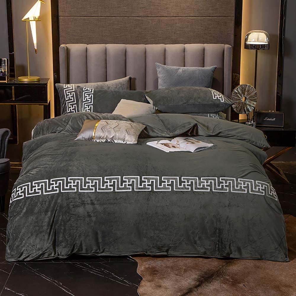 New Luxury Aplic Work Velvet Duvet set  -Silver Grey