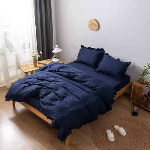 Navy Blue With Ruffles Duvet Set - 4 Pieces