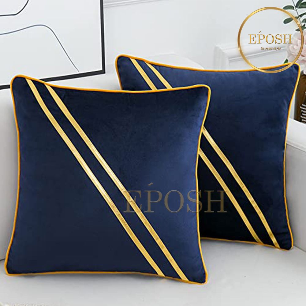 Pack of 2 Velvet Decorative  Diagonal Line Square Cushion - Navy