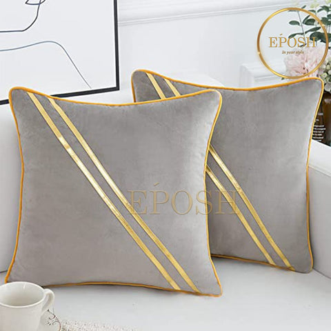 Pack of 2 Velvet Decorative  Diagonal Line Square Cushion - Silver Grey