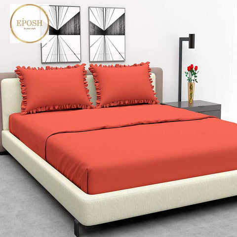Rich Cotton Fitted Sheet with Ruffle Pillow covers - Orange