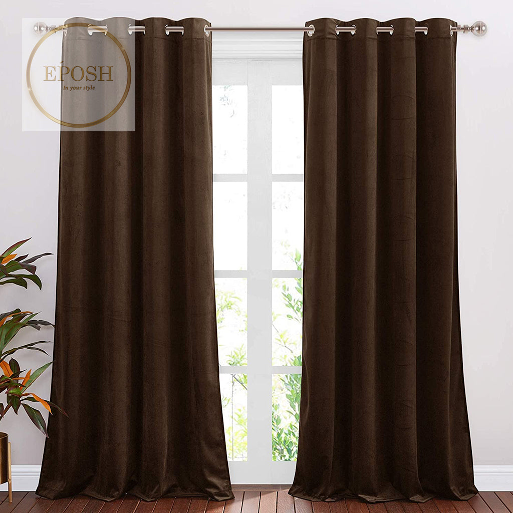 2 Pieces Plain Dyed Velvet Eyelet Curtains-Brown