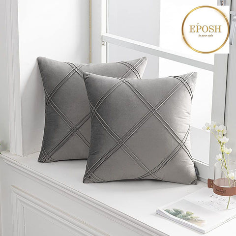 Pack of 2 Velvet Decorative Double Cross Pleated Cushion-Grey